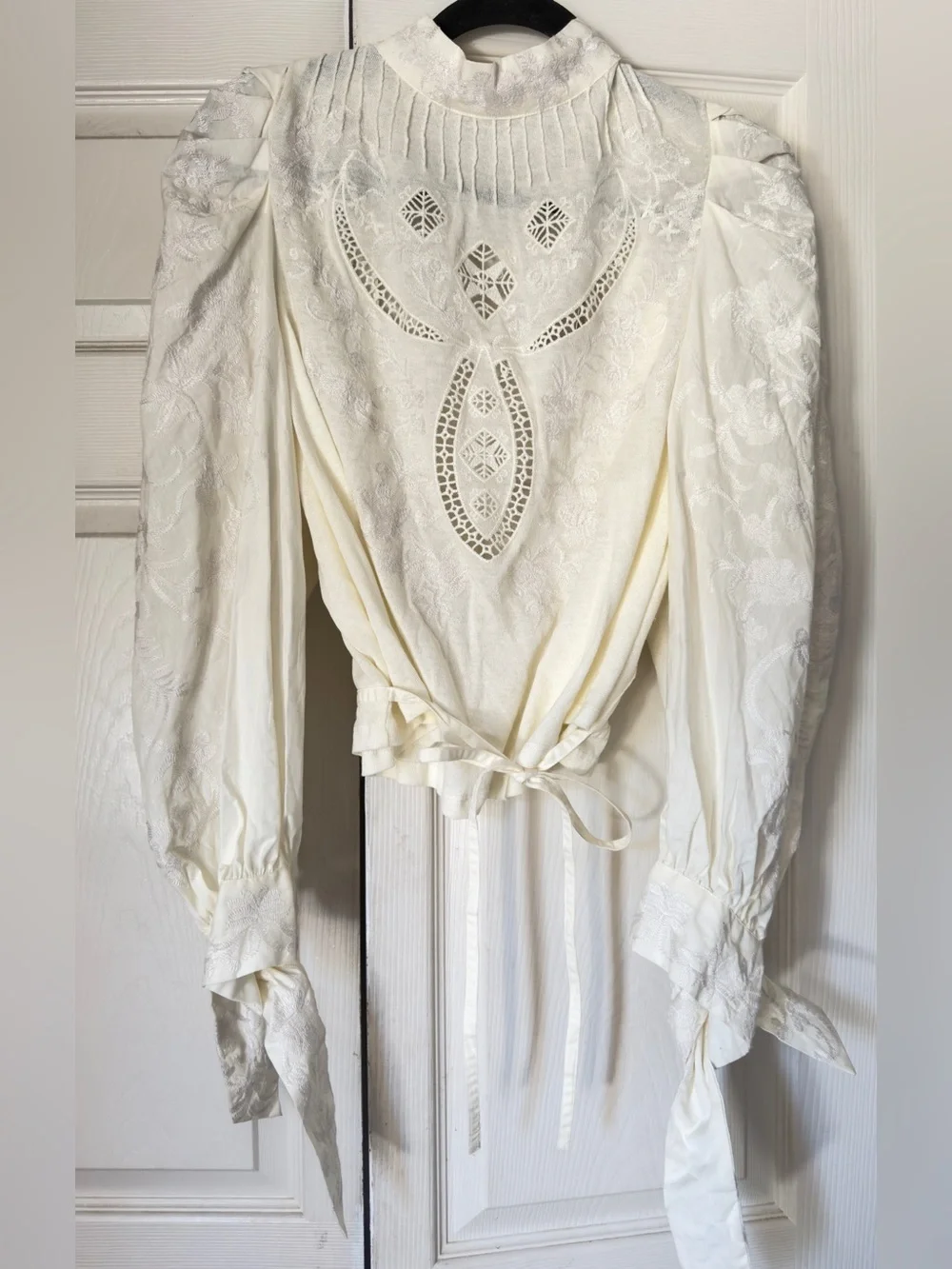 NWT‎ Free People Ivory Lace High-Neck Puff Sleeve Top